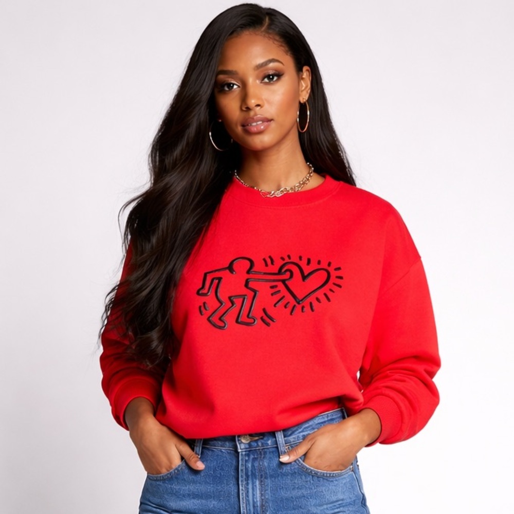 Bright Red Sweatshirt with Keith Haring signature images, Small-XS, EUC